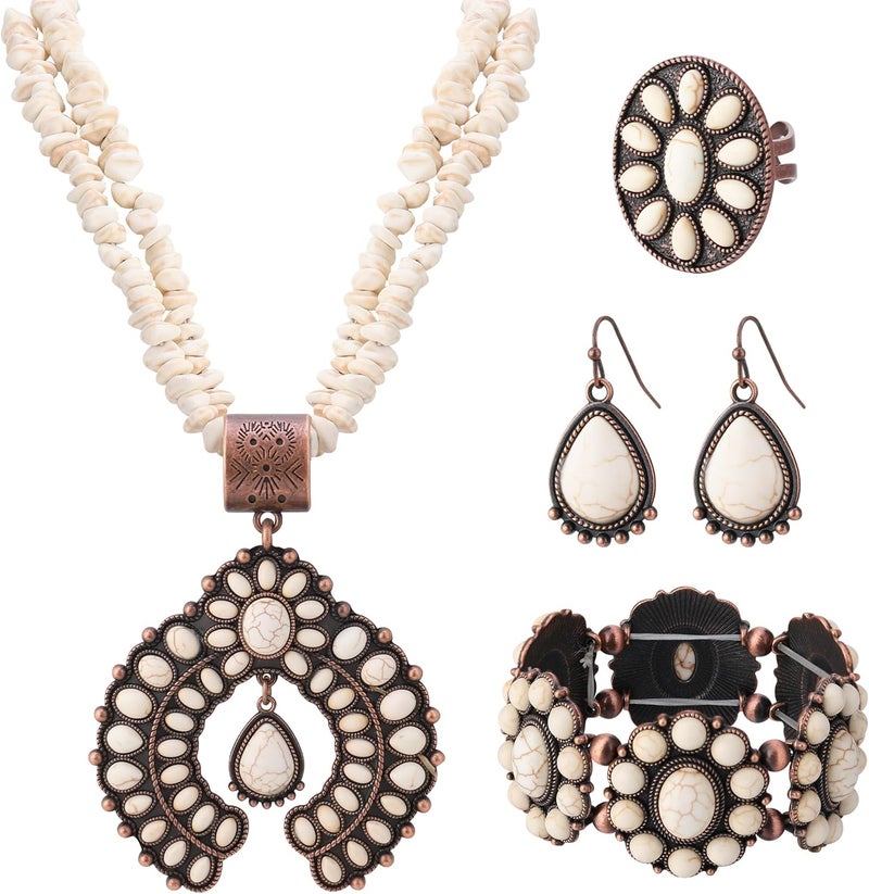 JMScape 4 PCS Western Turquoise Jewelry for Women Boho Vintage Navajo Pearl Necklace Earring Bracelet Ring Set Country Cowgirl Accessories for Gift - Image 1